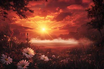 Fiery sunset meadow flowers sunrise mist landscape