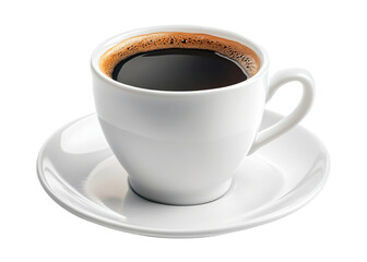 White coffee cup filled with hot black coffee on a white plate isolated on transparent background
