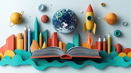 Open book leads to space exploration with city backdrop for education marketing