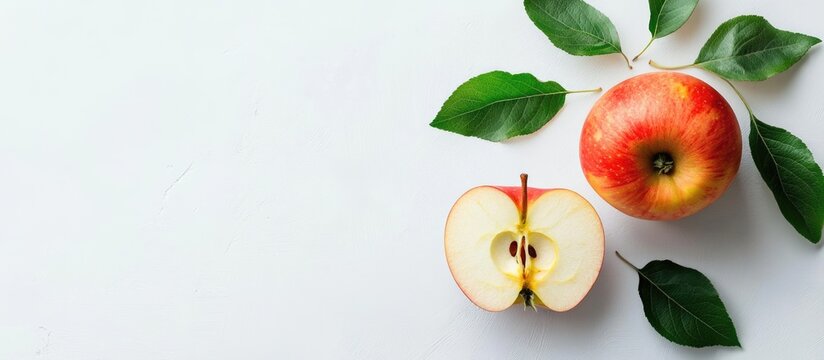 Fresh Apple Slices with Green Leaves on White Background for Healthy Food Advertising and Text Placement