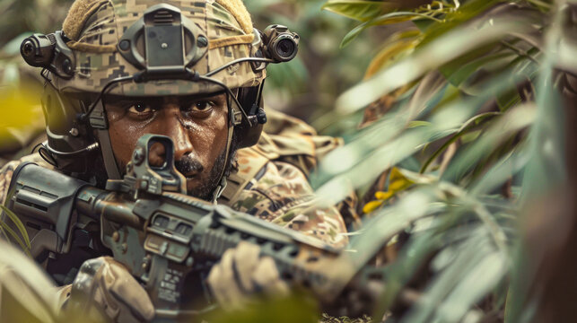 close up of special forces indian soldier targeting with rifle at jungle