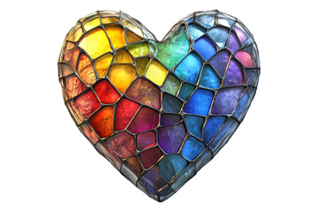 Glass mosaic heart in vibrant rainbow hues isolated on white transparent background. Concept of love and Valentine Day