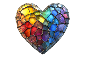 Glass mosaic heart in vibrant rainbow hues isolated on white transparent background. Concept of love and Valentine Day