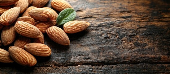 Almonds scattered on rustic wooden surface highlighting natural textures and colors.