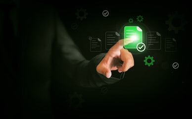 Approved files and quality control measures with clicking checklist concept design. Man touching green files with approved tick mark, backdrop