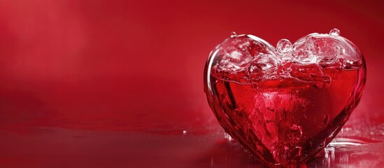 Heart-shaped ice cube melting in a serene red backdrop symbolizing romance with ample space for customizable text or messaging.