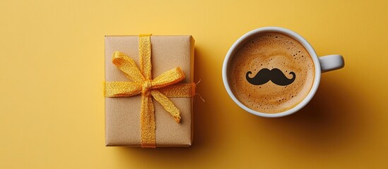 Father's Day celebration with gift box and coffee cup featuring a mustache on a vibrant yellow background. Perfect for festive promotions.