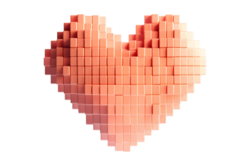 Abstract pink cubic pixel heart shape, isolated on white transparent background. Concept of love, technology, and modern design