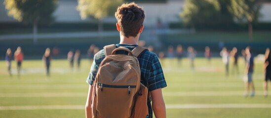 High school student with backpack watching football game on sunny school grounds with clear space for text or messaging