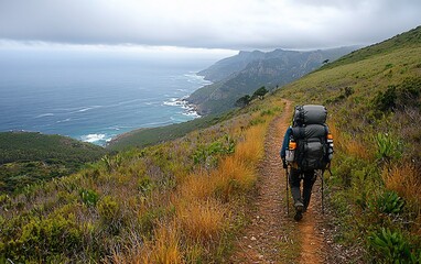 Hiking trail coastal scenery, hiker with backpack, overcast. Possible use Stock photo for travel, adventure, outdoors