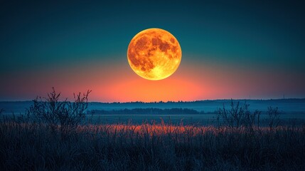 Glowing full moon rising over rural field at sunset; used for nature scenes