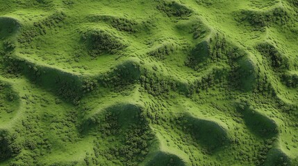 Top view of realistic grass texture with natural diversity in color, featuring small hills and mixed grass types. The green background is even without shading or shadows.