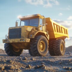 Obraz premium Yellow Dump Truck on Dusty Terrain at Sunrise