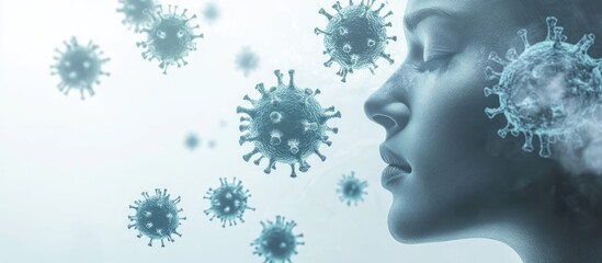 Histamine release and allergic reactions with empty space for text featuring a serene female profile amidst floating virus-like particles