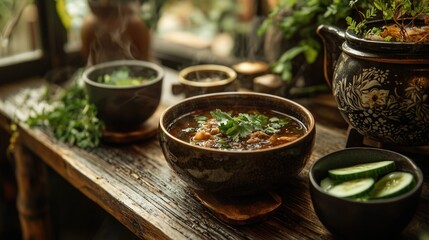 Aromatic Steaming Asian Soup Bowl Cilantro Garnish Wooden Table Setting