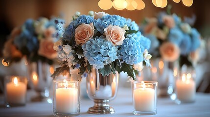 Elegant candle arrangements in glass and metal holders creating a warm and inviting atmosphere with blue hues