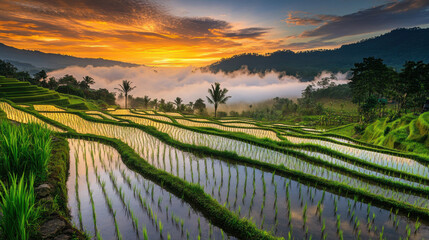 Misty rice terraces in tropical valley with golden sunrise over green farming landscape reflecting morning light in serene rural countryside