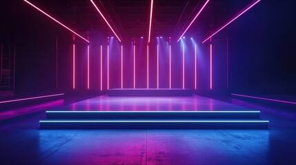 Illuminated stage featuring vibrant neon lights and an empty performance space ideal for events or concerts