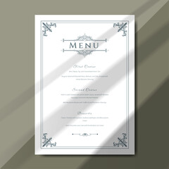 Classic wedding menu template enhances any elegant event with its ornate design. Perfect for  weddings, formal banquets, and fine dining occasions. Printable menu design with size 5"x7".