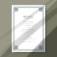 Elegant menu template is ideal for weddings and formal events, featuring an intricate design and stylish typography. Printable menu design with size 5"x7"
