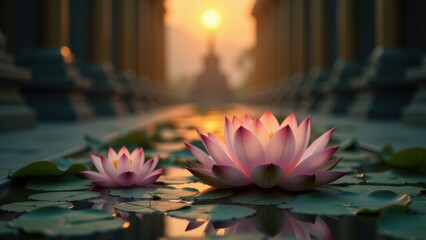A minimalist photo of lotus flowers offered at the Mahabodhi Temple altar, capturing the serene and spiritual beauty of Buddhism.