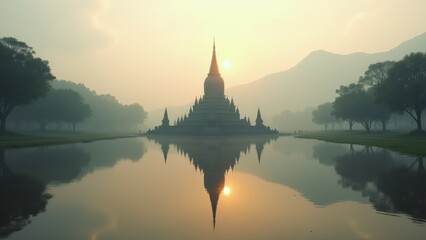Obraz premium This minimalist photograph captures the Mahabodhi Temple beautifully reflecting in a still pond, embodying the calm and spiritual essence of Buddhism. 
