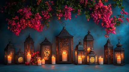 A glowing display of candles and lanterns in various sizes radiating warmth against a blue evening scene