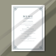 elegant wedding menu template with ornate borders and refined typography, perfect for formal events. Ideal for weddings, receptions, and luxury dinners. Printable menu design with 5"x7" size.