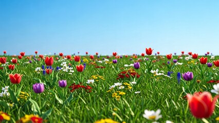 Fototapeta premium A vibrant field of flowers featuring red tulips, white daisies, purple blooms, and lush green grass under a clear blue sky.