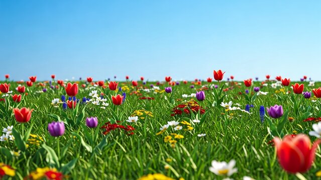 A vibrant field of flowers featuring red tulips, white daisies, purple blooms, and lush green grass under a clear blue sky.