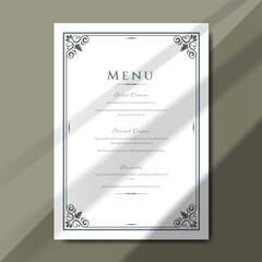 Wedding menu template blends luxury with timeless charm. The ornate border and refined font create a perfect presentation for receptions, banquets, and special dinners. Template size 5"x7"