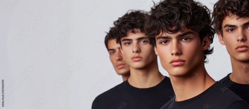 Fototapete group of stylish young men with dark hair and striking features posing together with empty space for