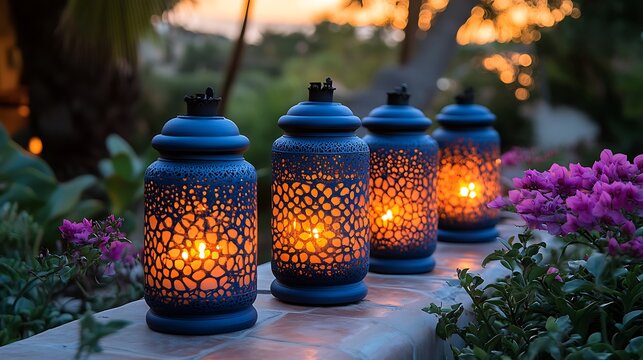 A festive outdoor scene with decorative candles and lanterns illuminating the night with a blue color scheme