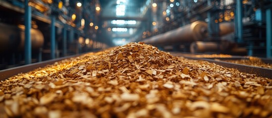 Industrial Wood Chips in Focus within a Manufacturing Facility Exuding Textures and Details of Wood Processing Environment