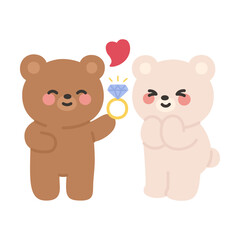 Brown Bear Offering a Diamond Ring to White Bear with Hearts