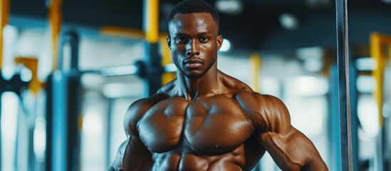 Muscular African American man showcasing strength during workout in modern gym with space for promotional text and fitness branding