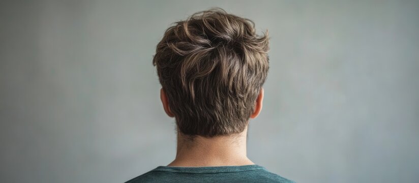 Headshot of a young man with brown hair viewed from the back against a neutral backdrop with ample space for text placement