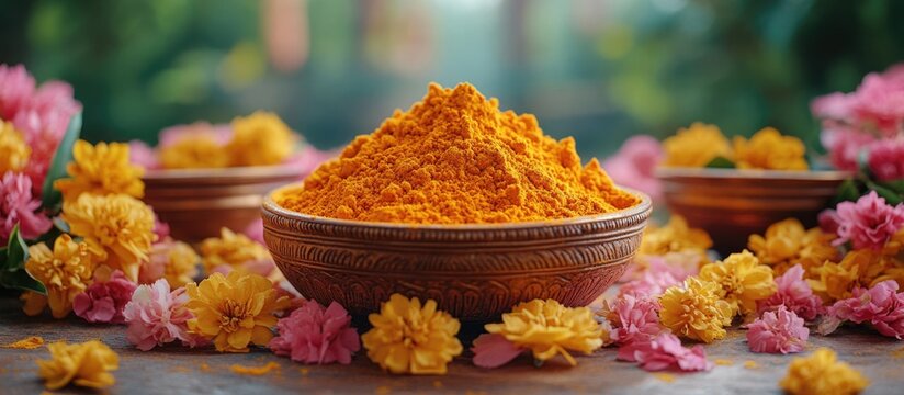 Vibrant close-up of traditional Indian haldi ritual items featuring turmeric powder and colorful flowers for pre-wedding celebrations.