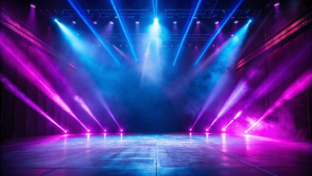 Stage illuminated with vibrant purple and blue lighting, creating an energetic, dynamic atmosphere ideal for a live performance or concert.