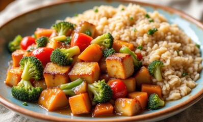 Colorful vegetable stir-fry with rice