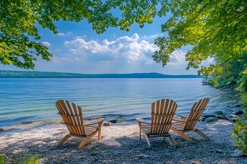 Lakeside Relaxation Adirondack chairs on pebble beach, tranquil lake view, summer vacation
