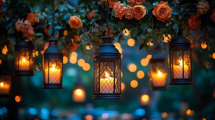 Hanging lanterns with warm golden candlelight bringing elegance to a deep blue night celebration