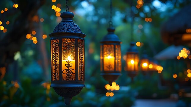 Hanging lanterns with warm golden candlelight bringing elegance to a deep blue night celebration