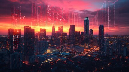 Stunning City Skyline at Dusk with Digital Data Overlay Effects