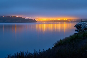 Coastal sunrise, city reflection, foggy bay, tranquil scene, travel poster