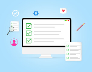 Checklist Items on the Computer screen with floating shapes, green tick mark on the screen illustration design backdrop. Magnify glass, pencil