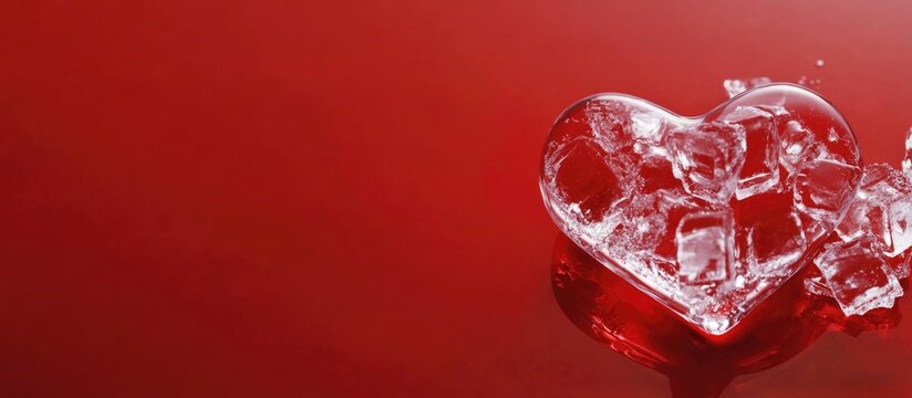 Heart shaped ice cube melting on a vibrant red surface ideal for romantic themes with ample space for personalized text or messaging