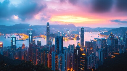 Obraz premium Stunning Sunset Over Hong Kong Skyline with Vibrant Colors