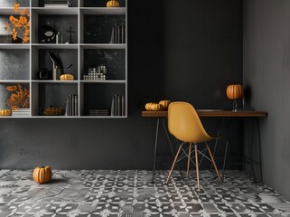 A minimalist home office decorated for Halloween with pumpkins. a black mask. and a black and white patterned floor
