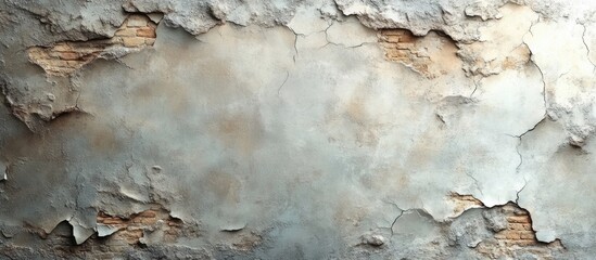 Fototapeta premium Textured industrial wall with peeling plaster and exposed brick, showcasing weathered surface details and stains for urban aesthetic.